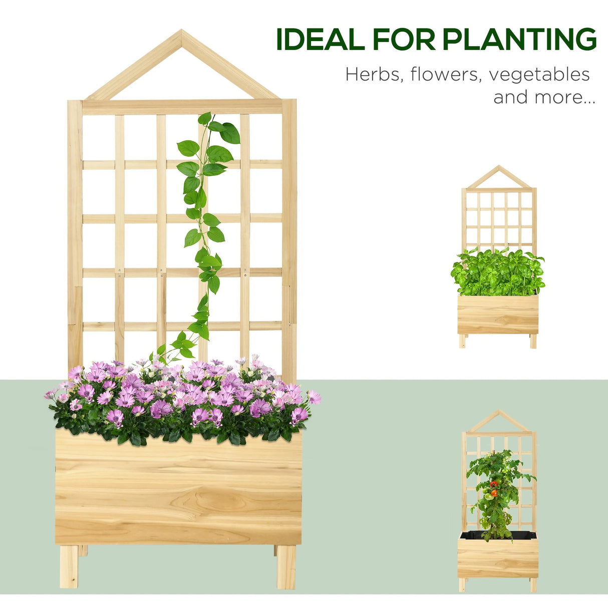 Outsunny Garden Planters with Trellis for Vine Climbing, Distressed Wooden Raised Beds, 90x43x150cm, Natural Tone