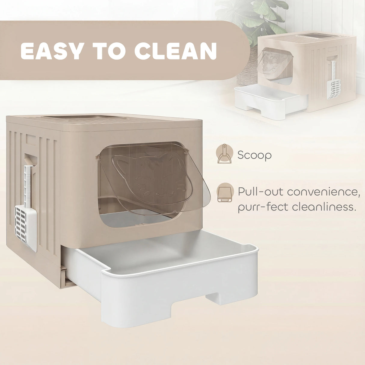 PawHut Foldable Cat Litter Box with Lid, Slide-Out Drawer, Scoop, Easy Clean, Odour Control, Anti-Splashing, Khaki