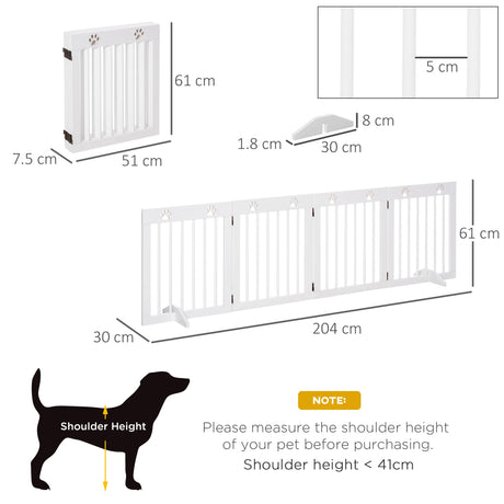 PawHut Freestanding Pet Gate 4 Panel Wooden Dog Barrier Folding Safety Fence with Support Feet up to 204cm Long 61cm Tall for Doorway Stairs White