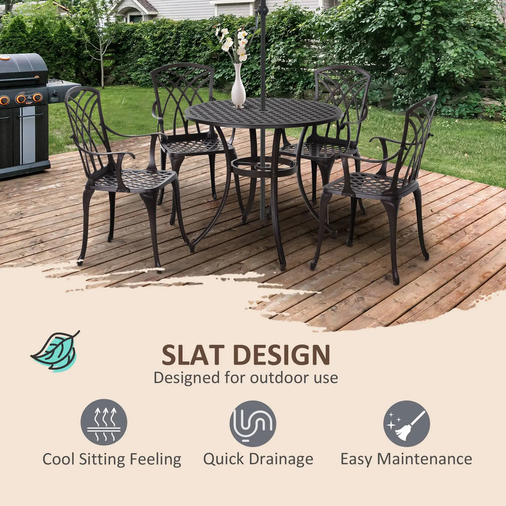 Outsunny 5 Pieces Garden Dining Set for 4, Cast Aluminium Outdoor Dining Set with 4 Armchairs and Round Dining Table with Parasol Hole, Garden Furniture Set, Brown