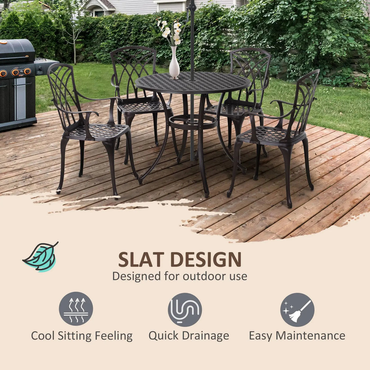 Outsunny 5 Pieces Garden Dining Set for 4, Cast Aluminium Outdoor Dining Set with 4 Armchairs and Round Dining Table with Parasol Hole, Garden Furniture Set, Brown
