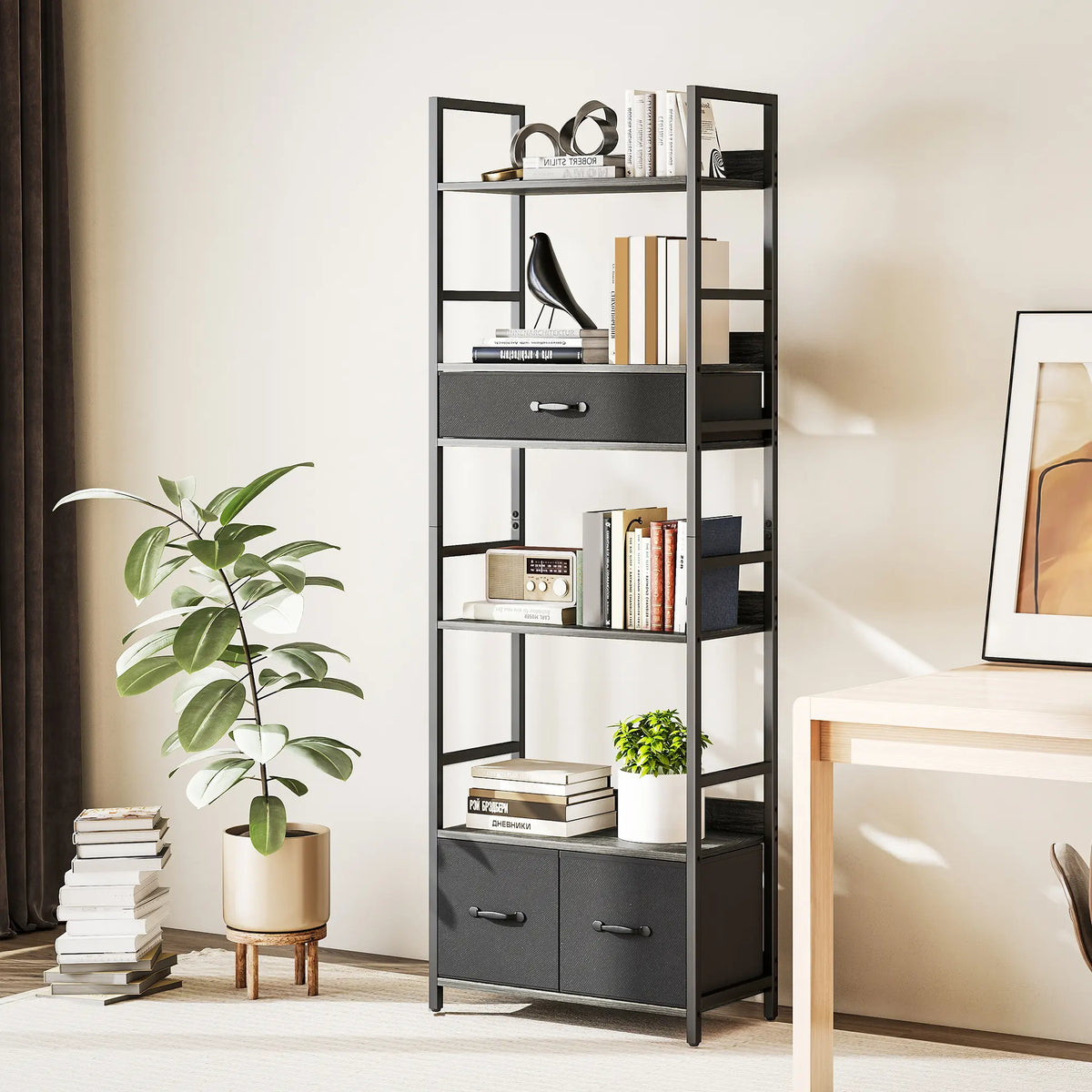 HOMCOM Industrial Bookcase, 6-Tier Tall Bookshelf with 3 Fabric Drawers - Grey