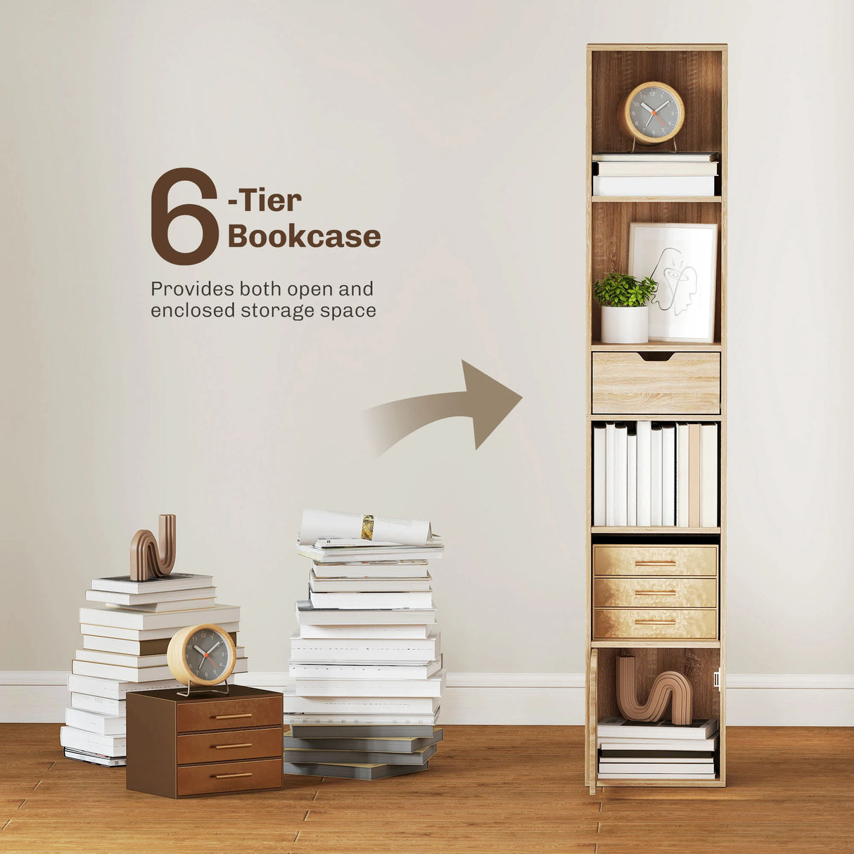 HOMCOM 6-Tier Bookcase, Tall Narrow Bookshelf with Drawer and Door - Natural Wood Finish