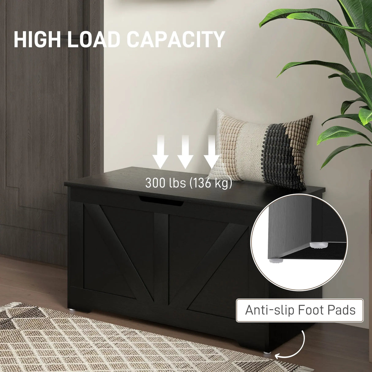 HOMCOM 100L Home Storage Box, with Safety Hinges - Black Wood-Effect