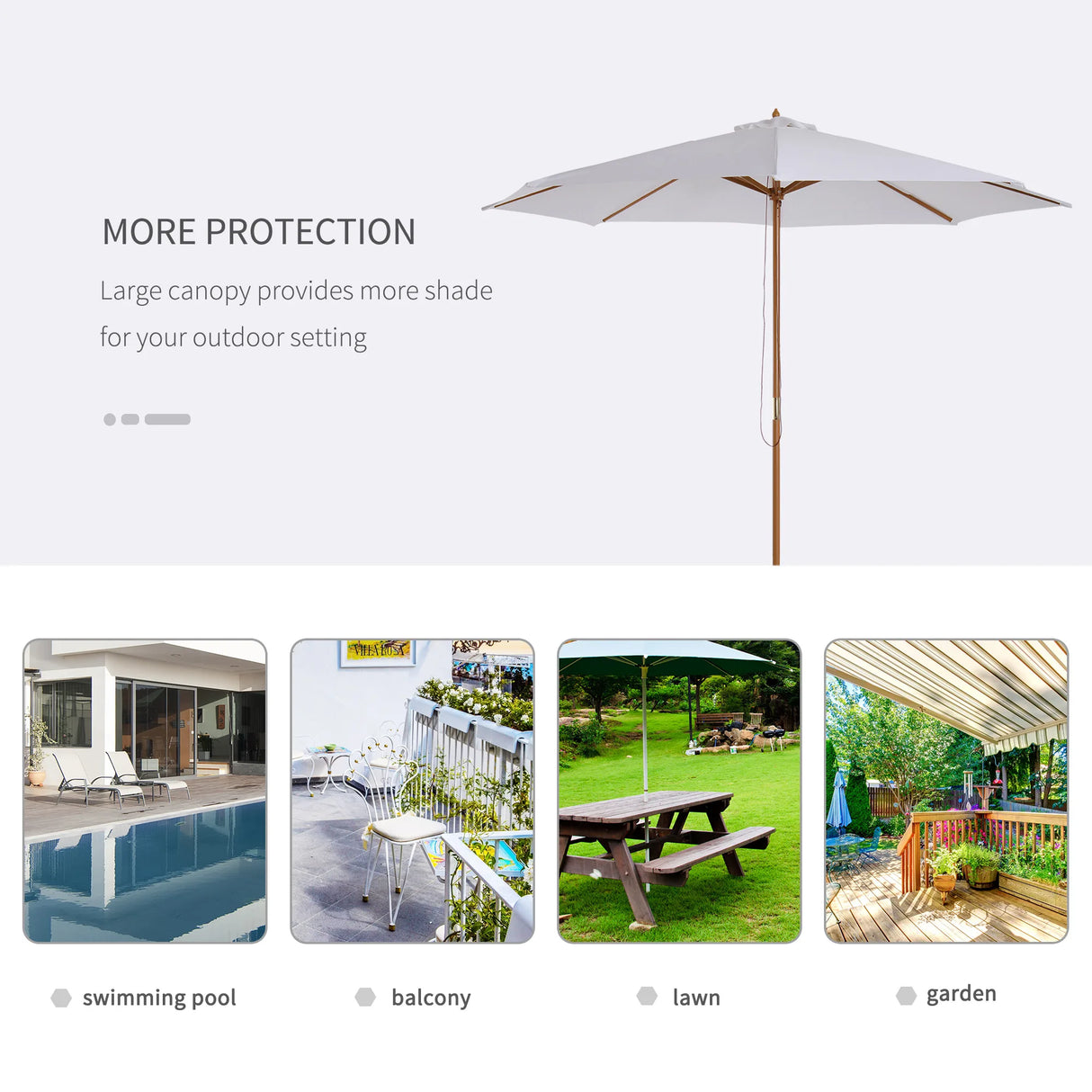 Outsunny 3(m) Garden Parasol, Pulley Operated Patio Umbrella, Wooden Table Market Umbrella with Rope Pulley Mechanism and 8 Ribs, Cream White