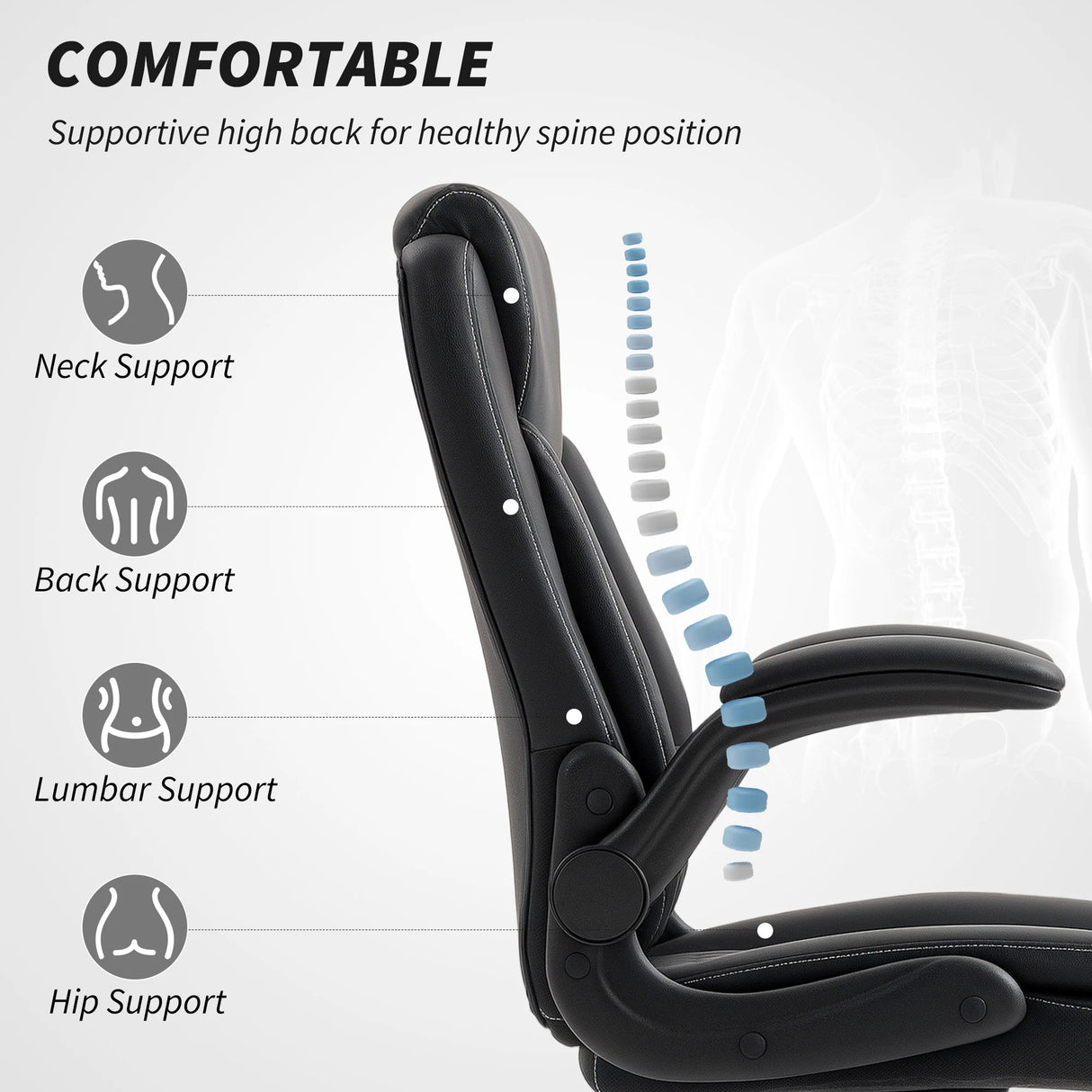 HOMCOM Faux Leather Office Chair. with Flip-Up Armrests - Black