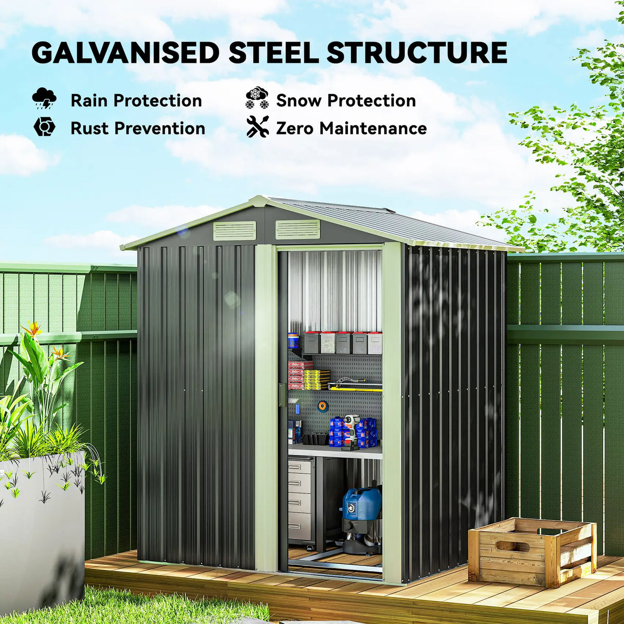 Outsunny Garden Metal Tool Storage Shed with Sliding Door, Sloped Roof and Foundation Kit, 152 x 132 x 188cm, Grey