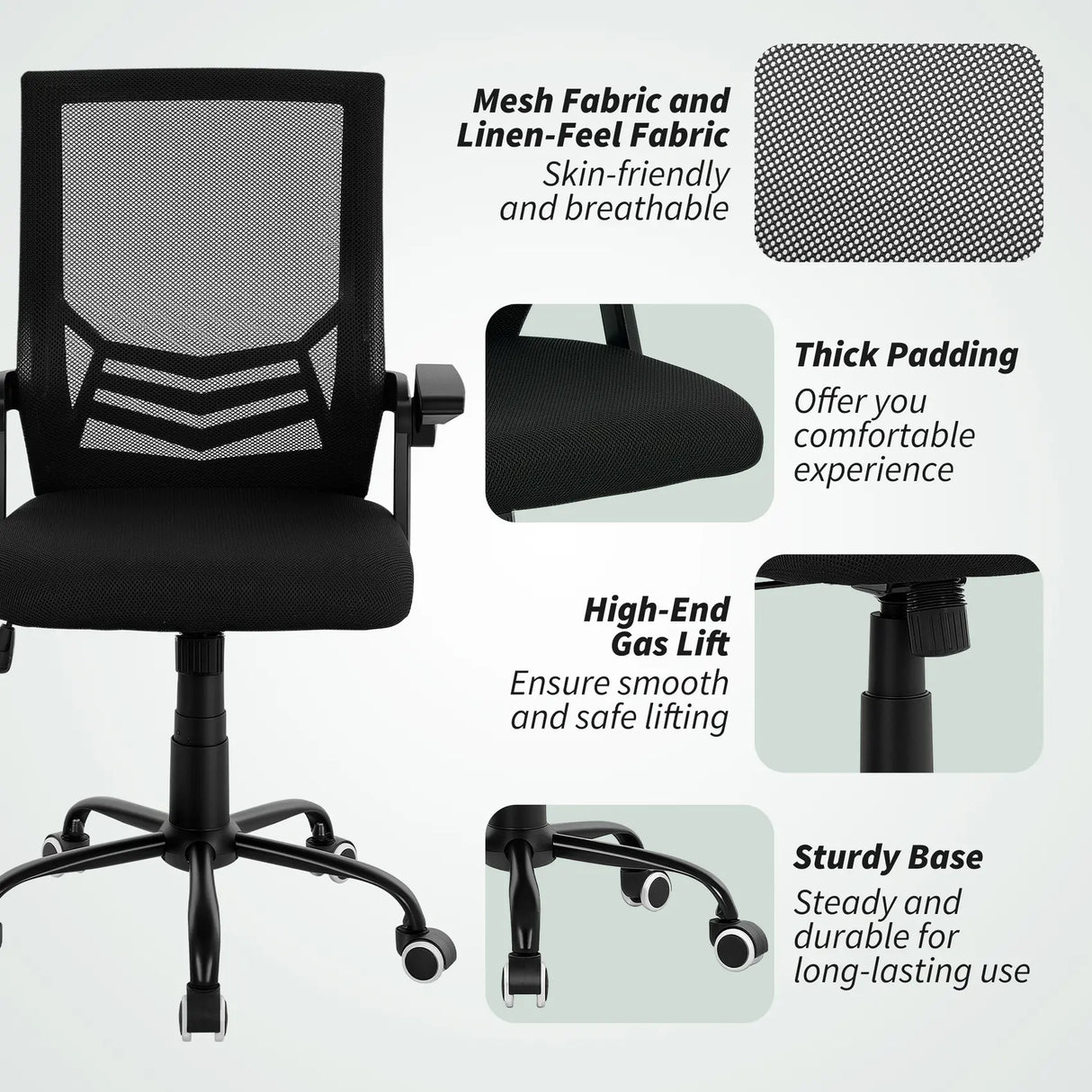 Vinsetto Mesh Office Chair, Computer Desk Chair with Flip-up Armrests, Lumbar Back Support and Swivel Wheels, Black