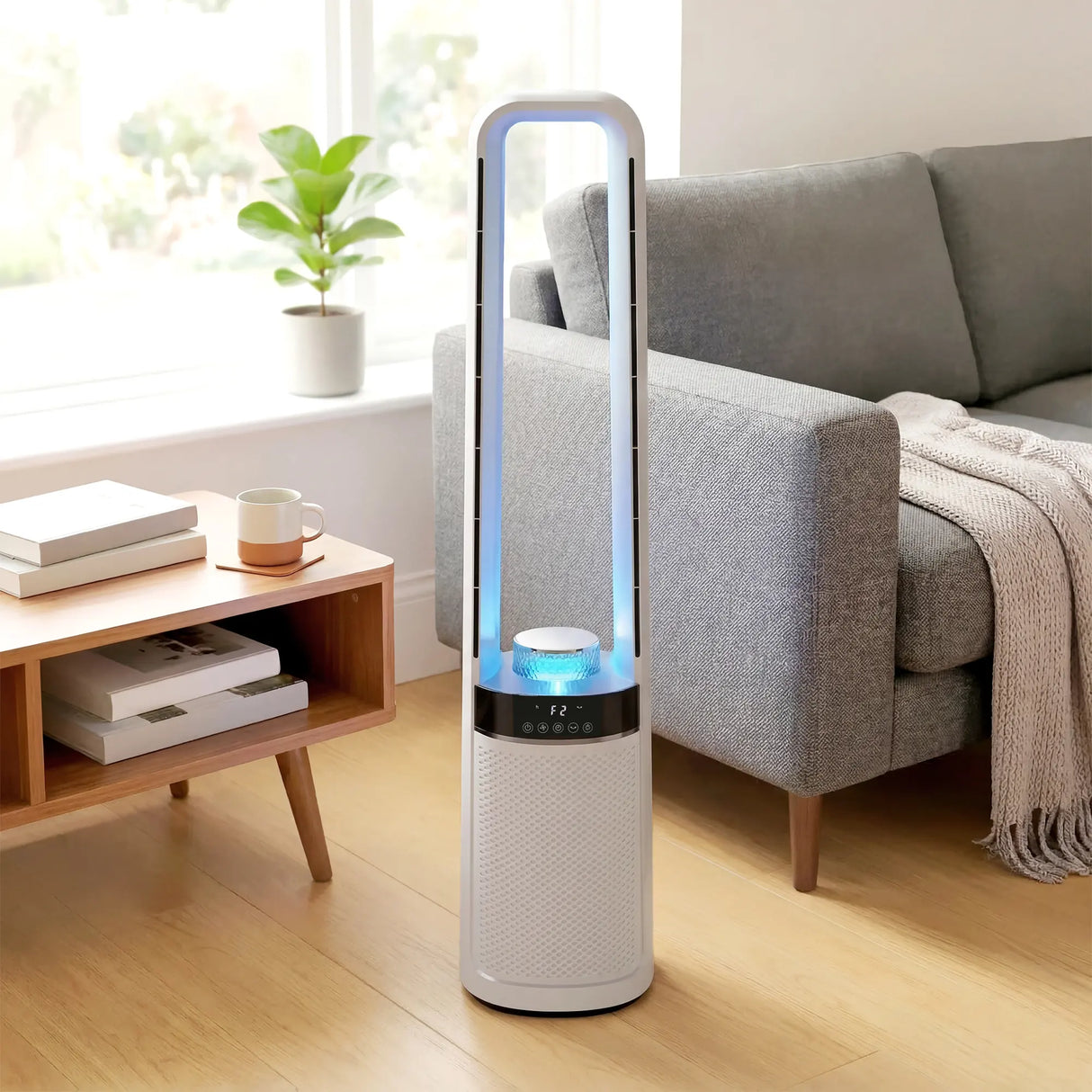 HOMCOM Bladeless Tower Fan, 36dB Standing Cooling Fan with Oscillating, LED Lights, 3 Speeds, 12H Timer, Remote Control