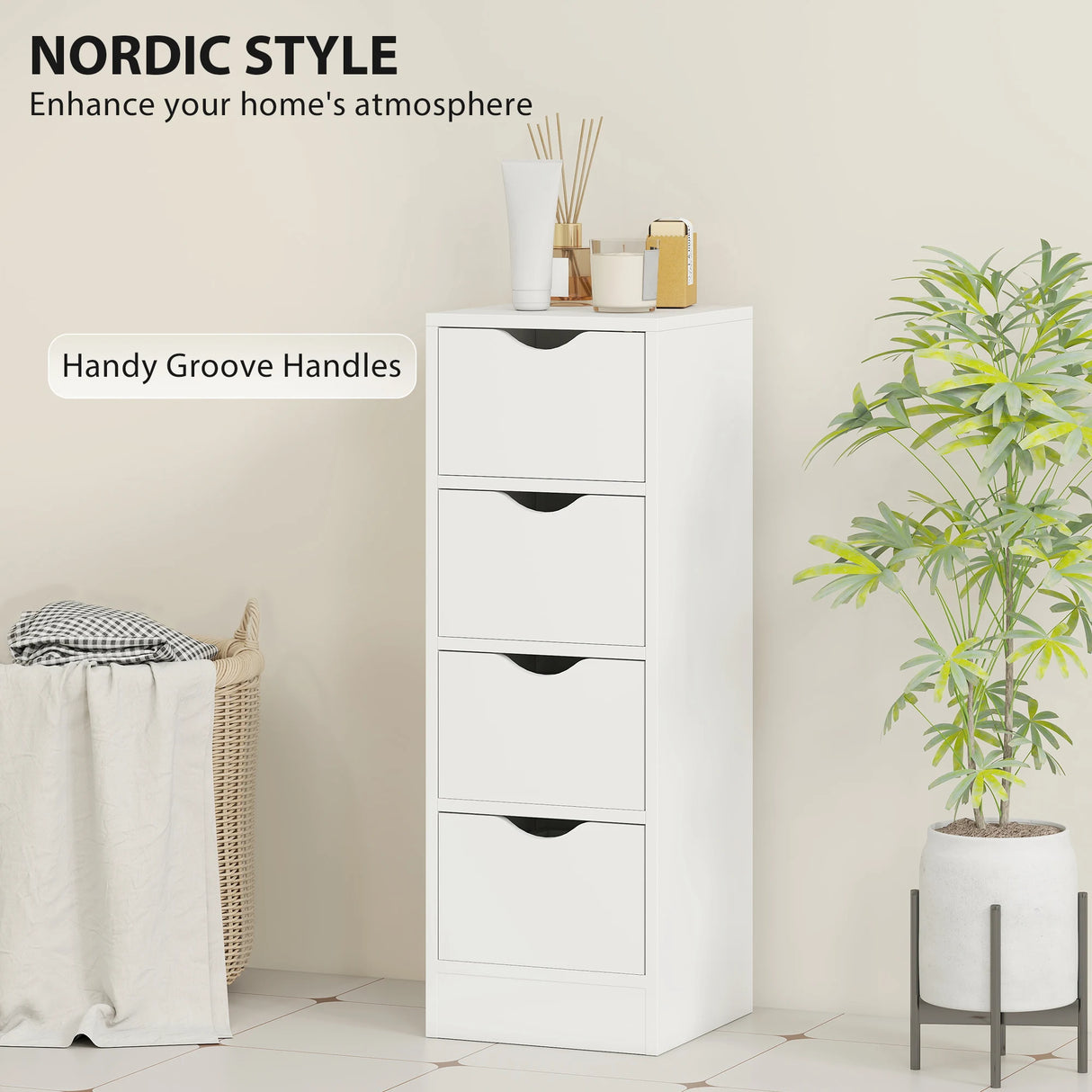 HOMCOM 4-Drawer Bathroom Cabinet, Freestanding Narrow Storage Cabinet with Groove Handles for Small Spaces, White