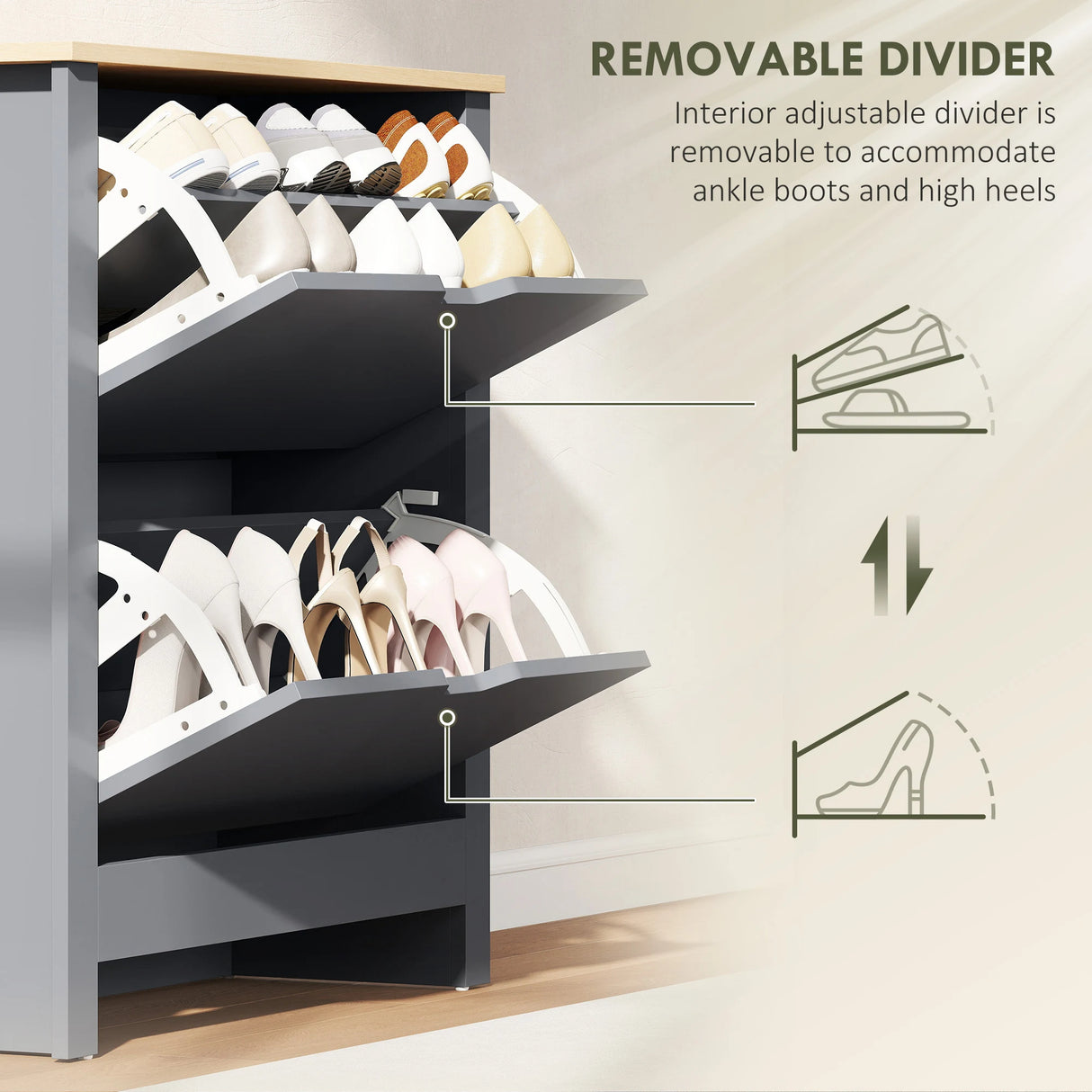 HOMCOM Slim Shoe Cabinet, Narrow Shoe Cupboard with 2 Flip Drawers, Adjustable Shelves for 12 Pairs of Shoes, Charcoal Grey