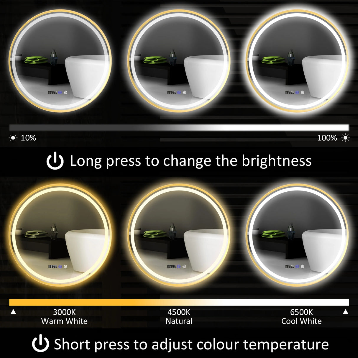 HOMCOM 60cm Anti-Fog LED Bathroom Mirror - Gold Tone