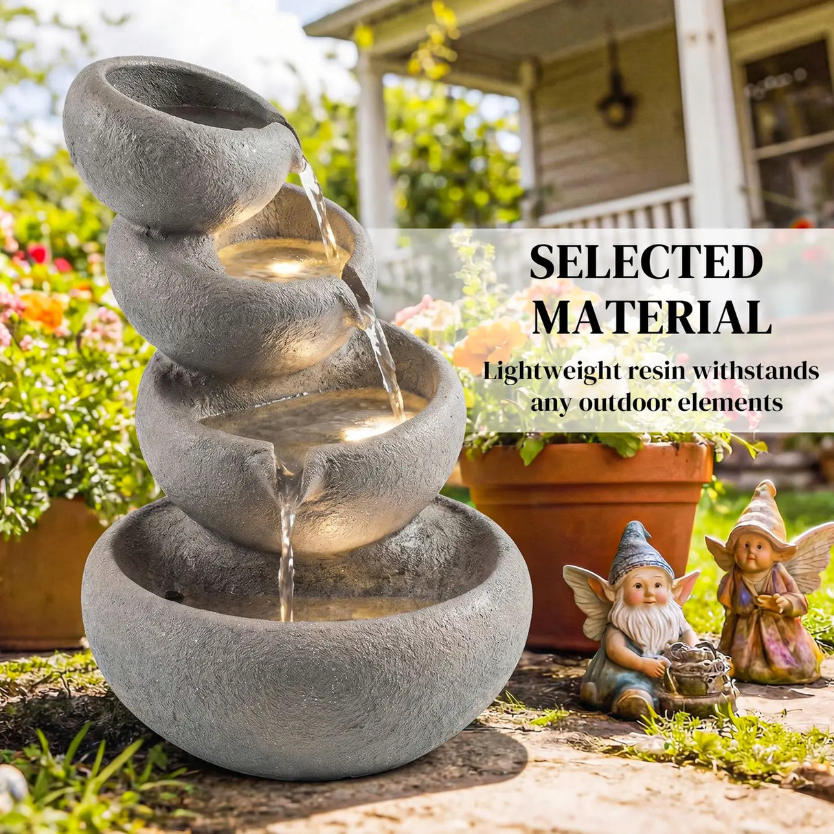 Outsunny 4-Tier Water Fountain Outdoor, Garden Water Feature with LED Lights and Pump, Freestanding Resin Waterfall for Patio