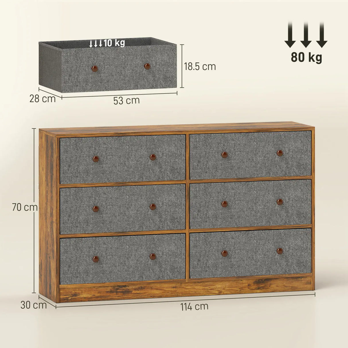 HOMCOM Chest of Drawers, Dresser with 6 Fabric Drawers - Grey and Rustic Brown