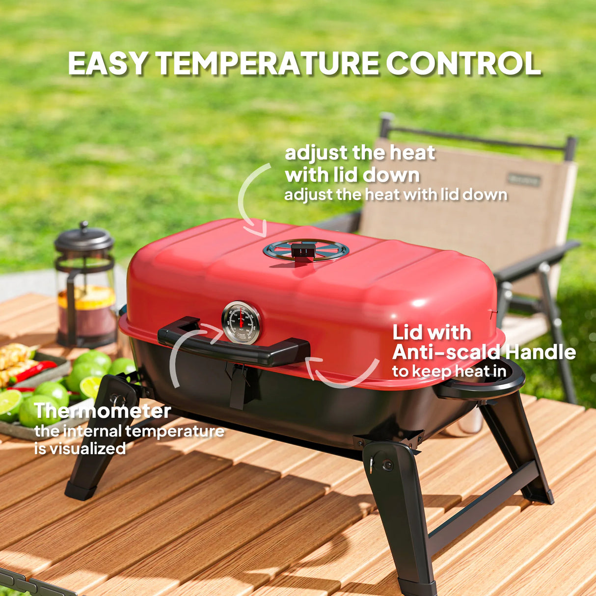 Outsunny Charcoal Barbecue Grill Folding BBQ Grill with 1232 cm2 Cooking Area, Adjustable Vent, Thermometer, Handles for Camping Picnic, Red