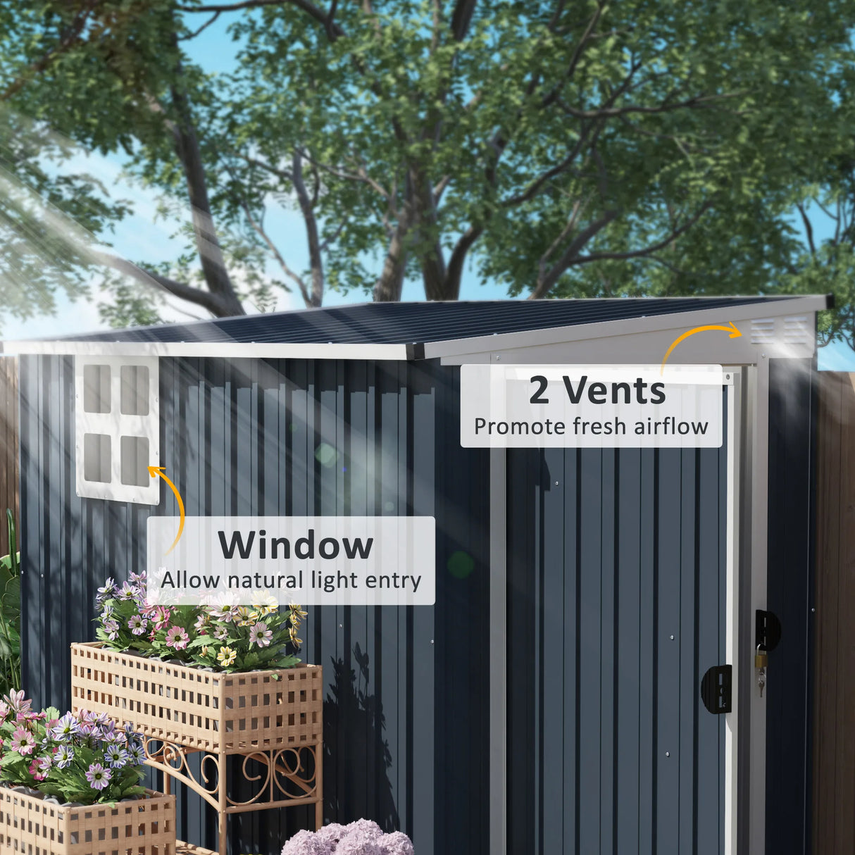 Outsunny 7.6 x 4ft Garden Metal Shed, Outdoor Storage Shed with Window, 2 Vents and Lockable Door for Garden, Patio, Dark Grey