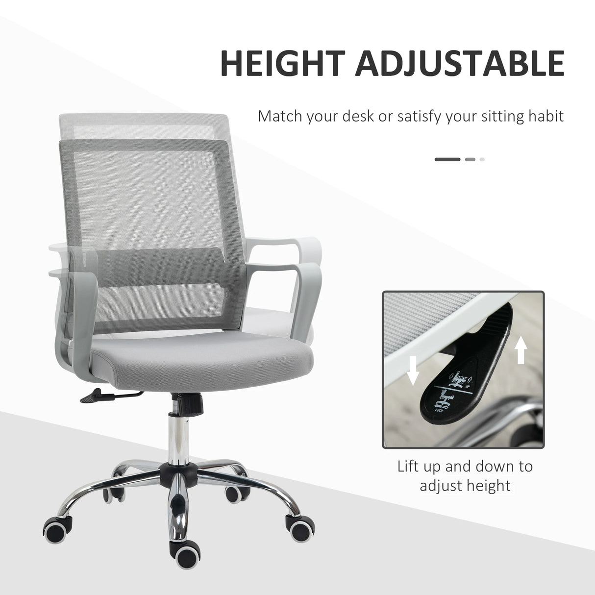 Vinsetto Ergonomic Desk Chair Mesh Office Chair with Adjustable Height Armrest and 360 Swivel Castor Wheels Grey