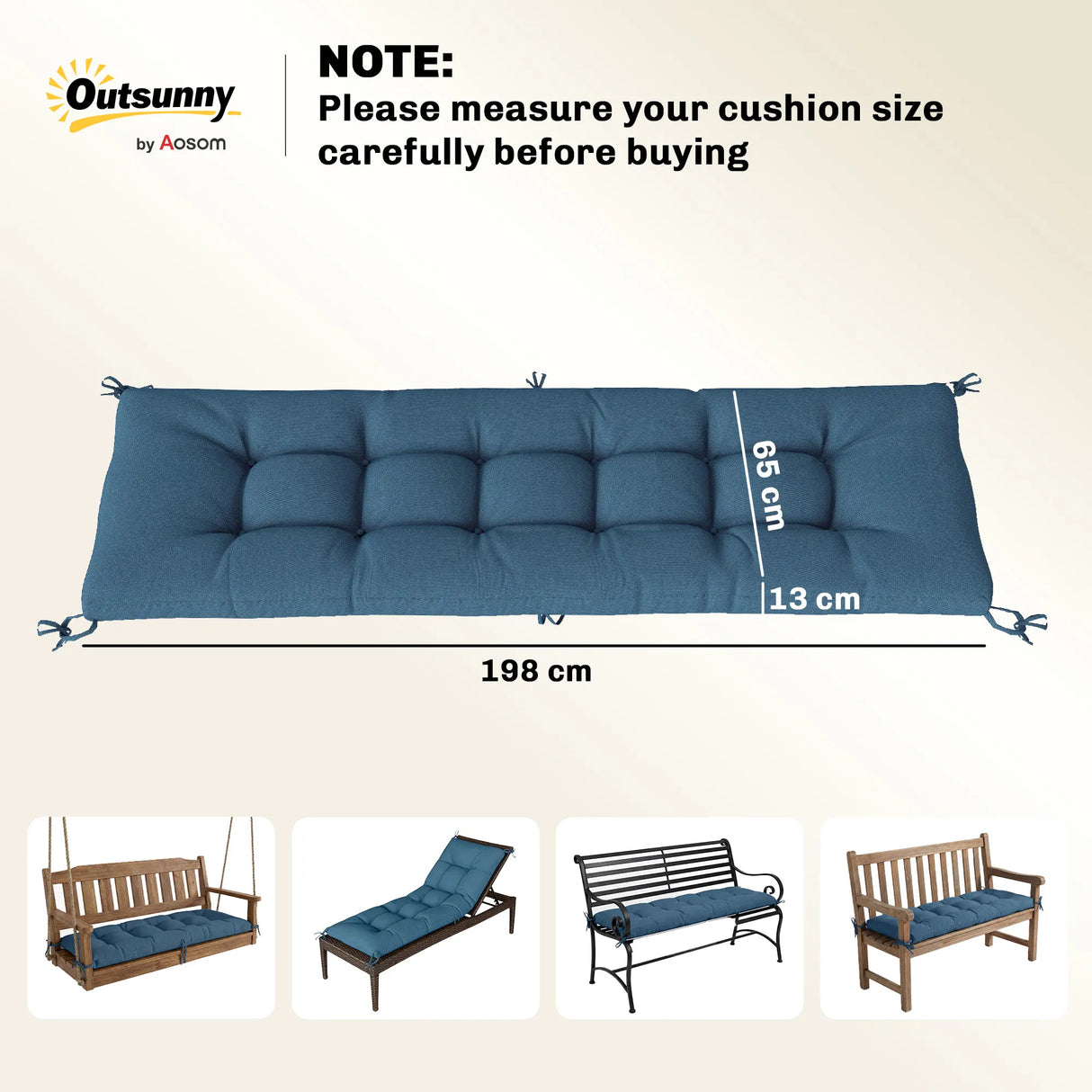 Outsunny Sun Lounger Cushion, Memory Foam Patio Chair Cushion with Ties, Outdoor Seat Pad Fits 190 x 60 cm Lounger, Blue
