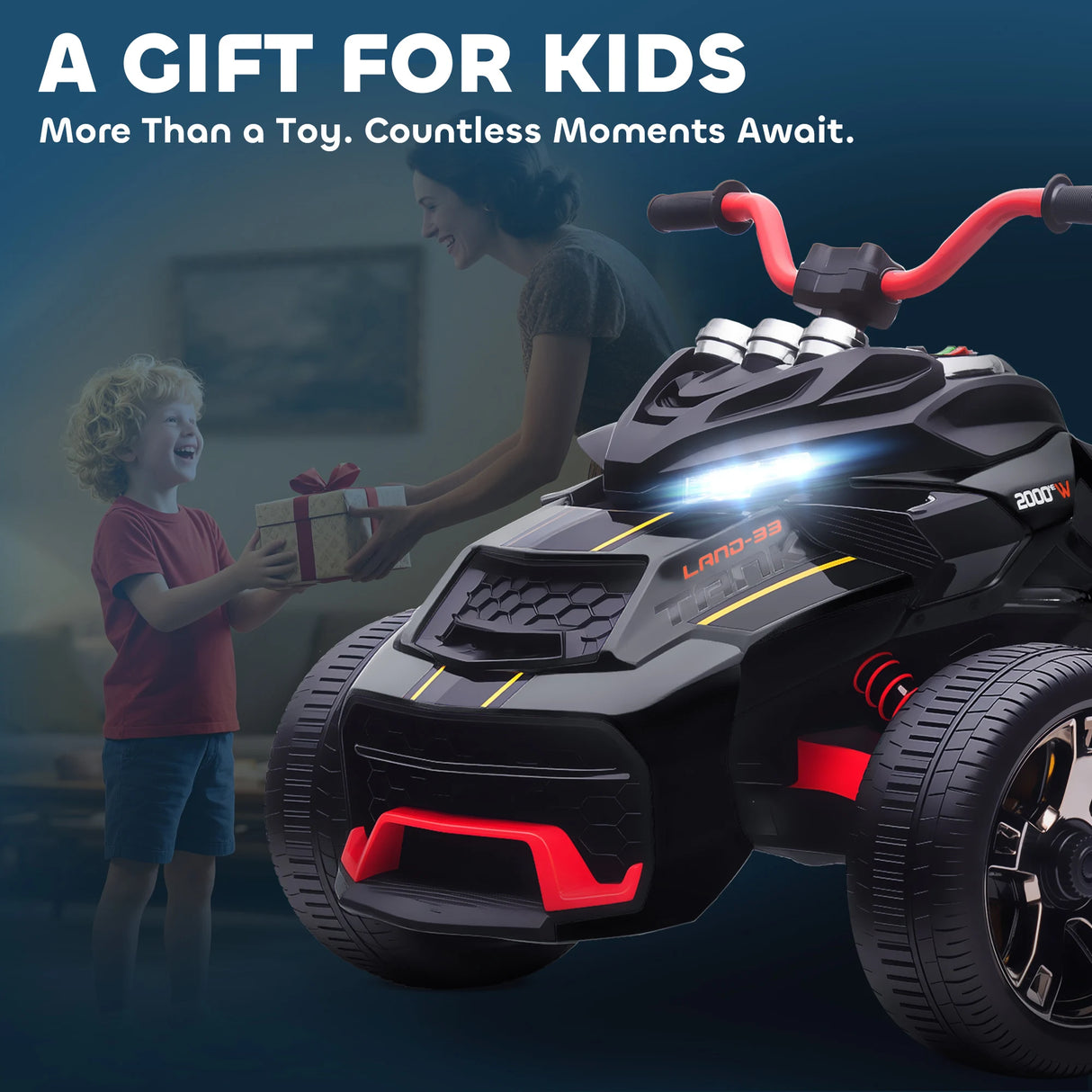 AIYAPLAY 12V Kids Electric Ride On Car with 3 Wheeler, MP3 Player, Horn, 2 Speeds, LED Lights for Boys & Girls Ages 3-8, Black