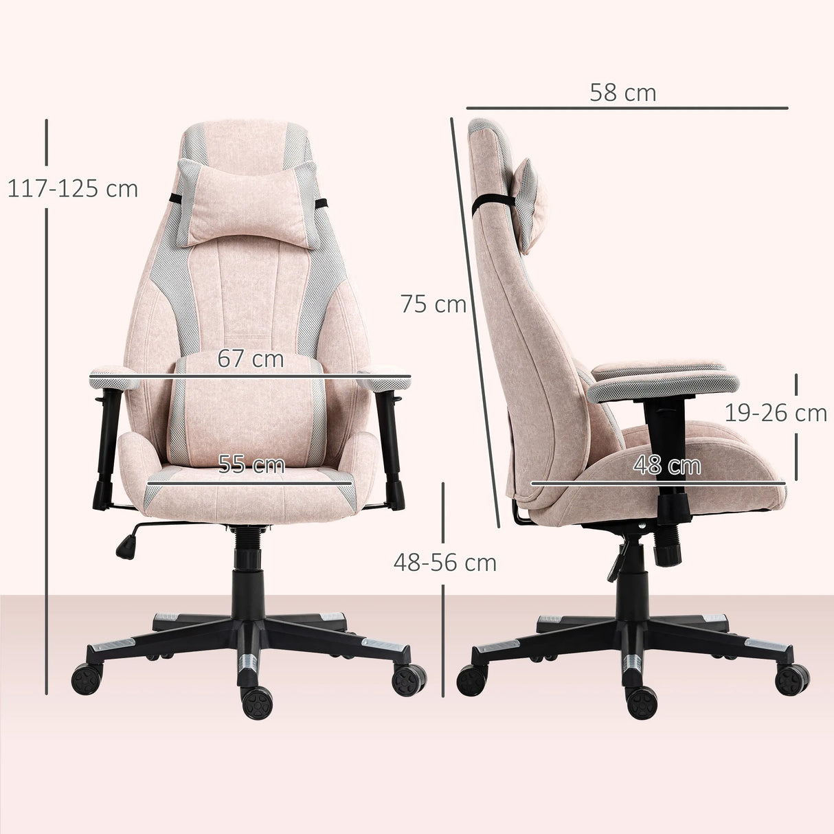 HOMCOM Fabric Gaming Chair with Lumbar Support, Headrest - Pale Pink