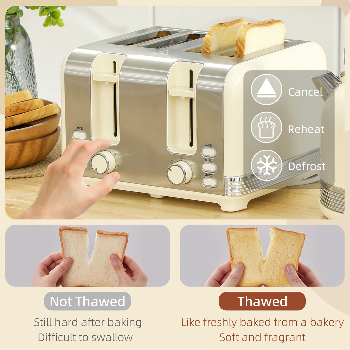 HOMCOM Polished Stainless Steel Kettle and Toaster Set - Cream