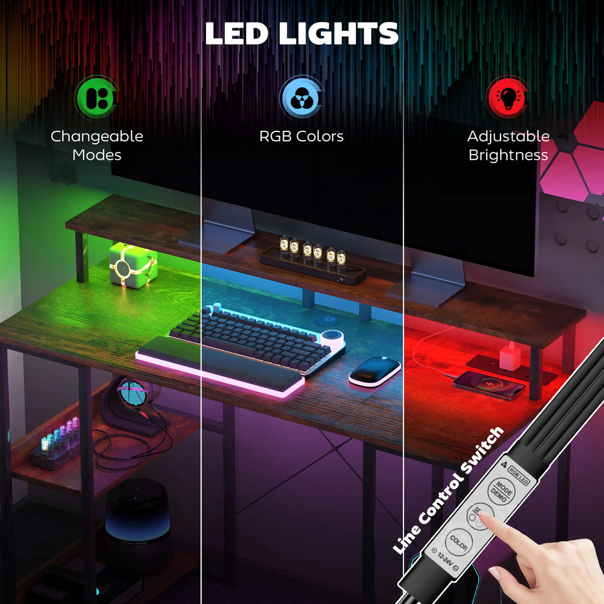 HOMCOM LED Computer Desk, with Power Outlets and Shelves - Rustic Brown