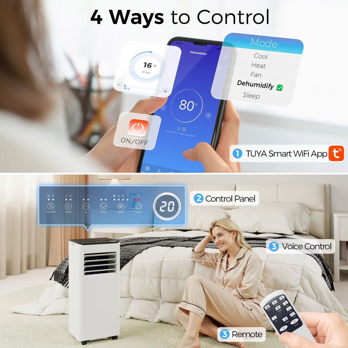 HOMCOM Portable Air Conditioner 9000 BTU, 4-in-1 AC Unit with Cool, Dehumidifier, Fan, Sleep Mode, WiFi Voice Remote Control