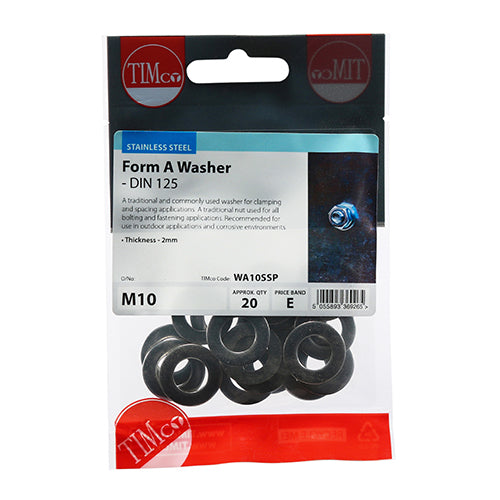 20 x TIMCO Form A Washers DIN125-A A2 Stainless Steel - M10