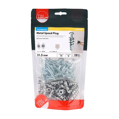 75 x TIMCO Plasterboard Metal Speed Plugs & Screws Silver - 31.5mm