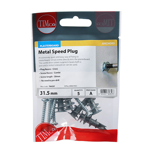 5 x TIMCO Plasterboard Metal Speed Plugs & Screws Silver - 31.5mm