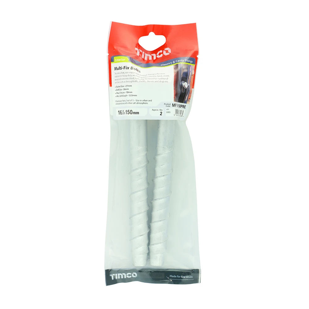 Pair of - TIMCO Multi-Fix Bolts Hex Head Exterior Silver - 16.0 x 150