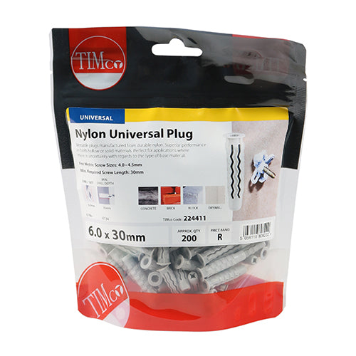 200 x TIMCO Nylon Universal Plugs - 6.0 x 30