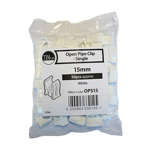 50 x Single Snap-In Open Pipe Clips White - 15mm