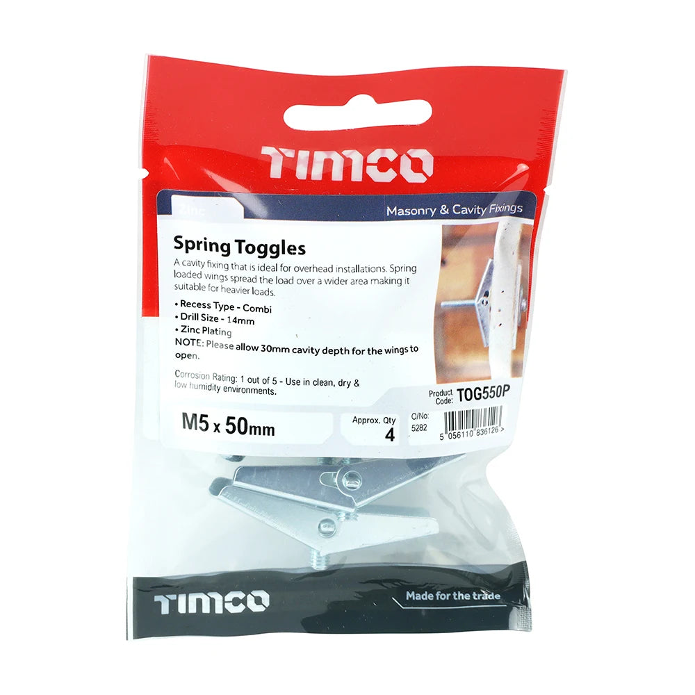 4 x TIMCO Spring Toggle Cavity Anchors Silver - M5 x 50