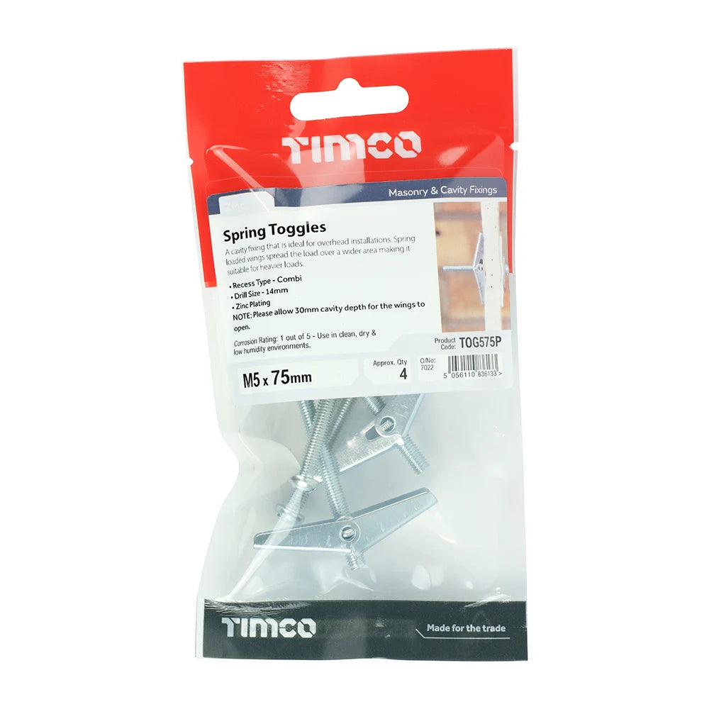 4 x TIMCO Spring Toggle Cavity Anchors Silver - M5 x 75