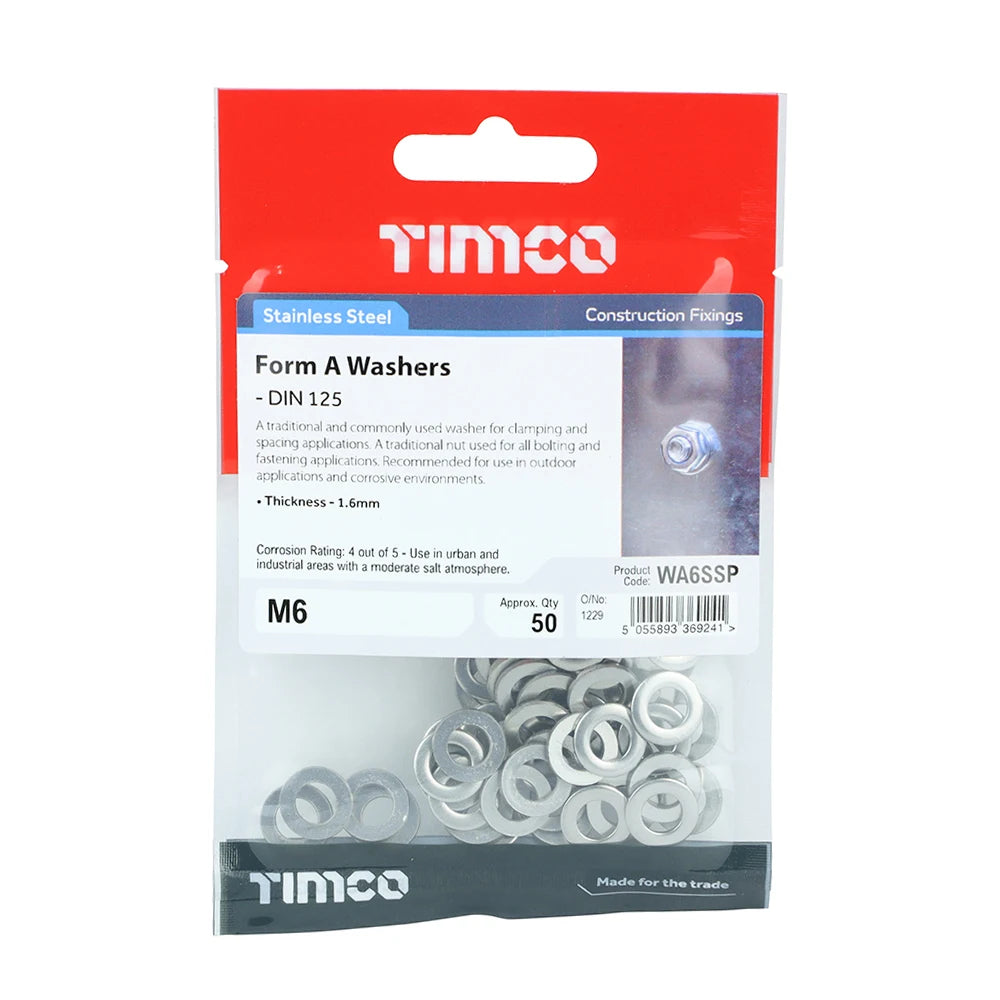 50 x TIMCO Form A Washers DIN125-A A2 Stainless Steel - M6