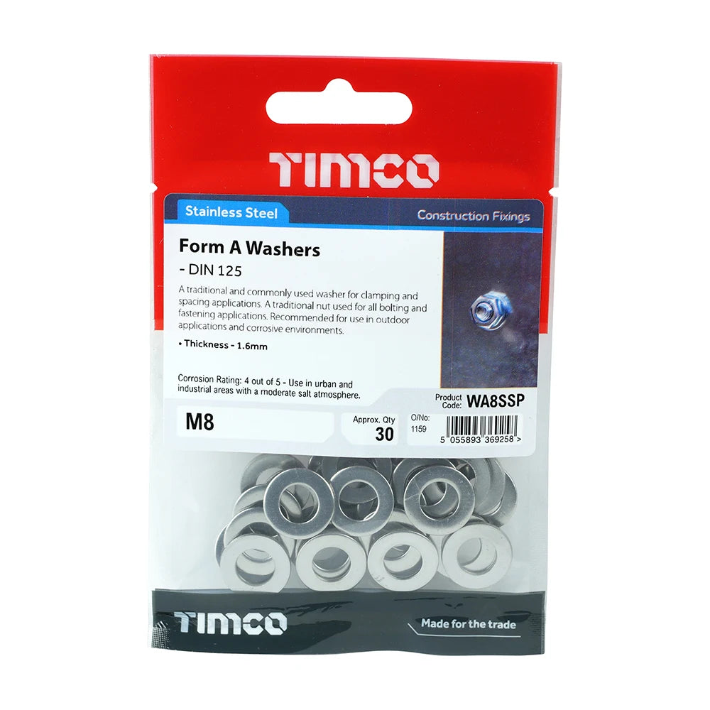 30 x TIMCO Form A Washers DIN125-A A2 Stainless Steel - M8