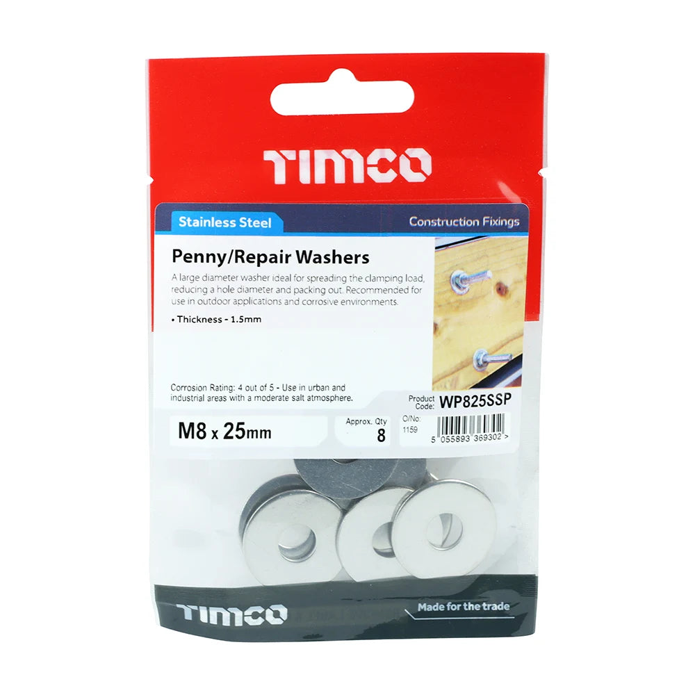 8 x TIMCO Penny / Repair Washers DIN9054 A2 Stainless Steel - M8 x 25