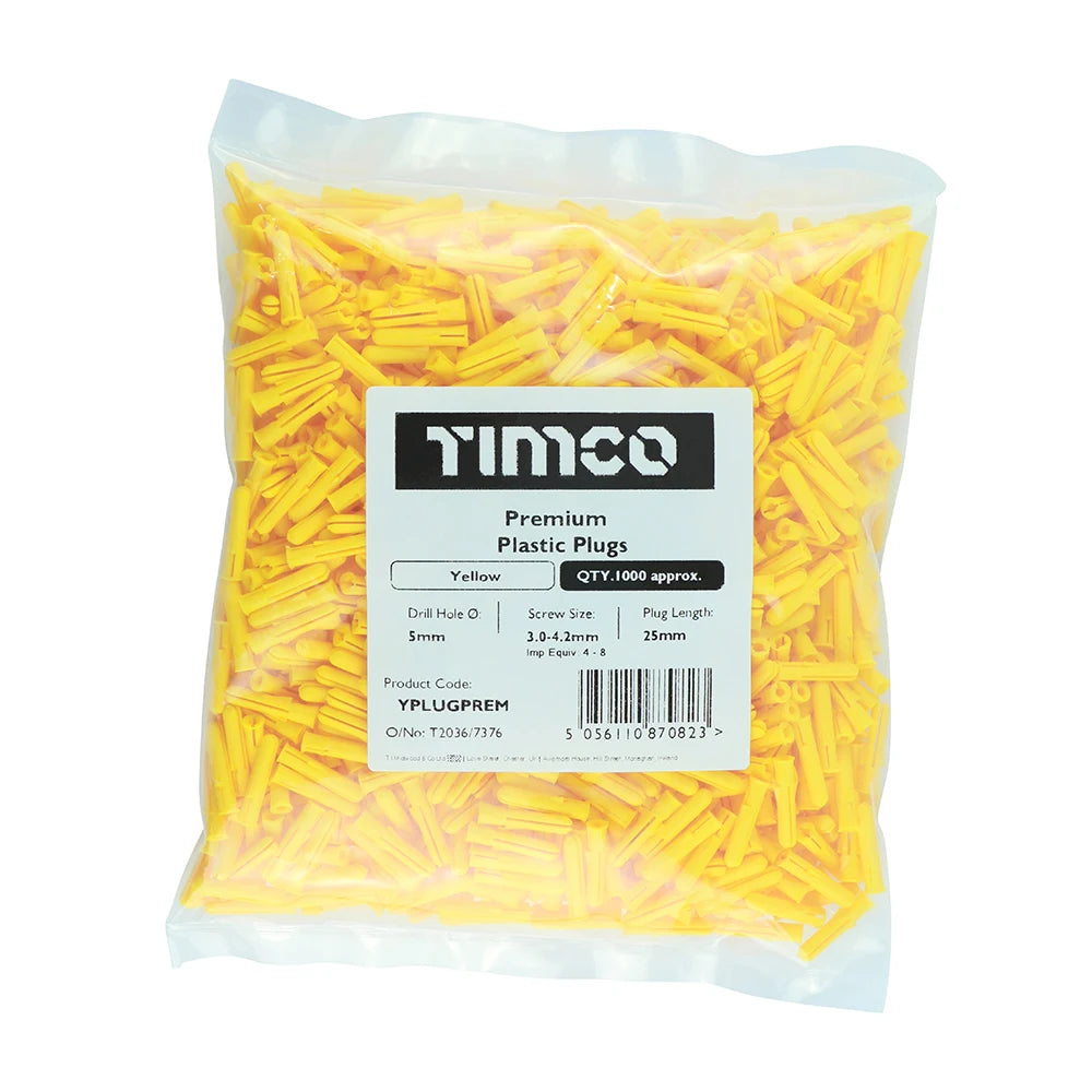 1000 x TIMCO Yellow Premium Plastic Plugs - 25mm