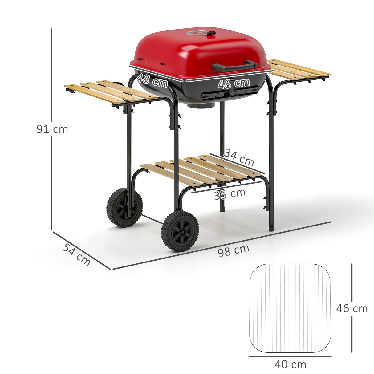 Outsunny Charcoal Barbecue Grill Portable BBQ Grill with 1840 cm2 Cooking Area, 3 Shelves, Adjustable Vent, Lockable Lid, Wheels for Outdoor Cooking, Garden Party, Red