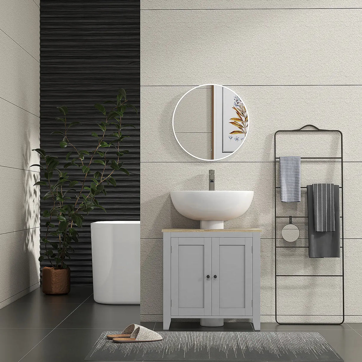 kleankin Under Sink Cabinet, Bathroom Sink Cabinet with 2 Doors, Pedestal Under Sink Design, Freestanding Bathroom Cupboard with Adjustable Shelf, Grey