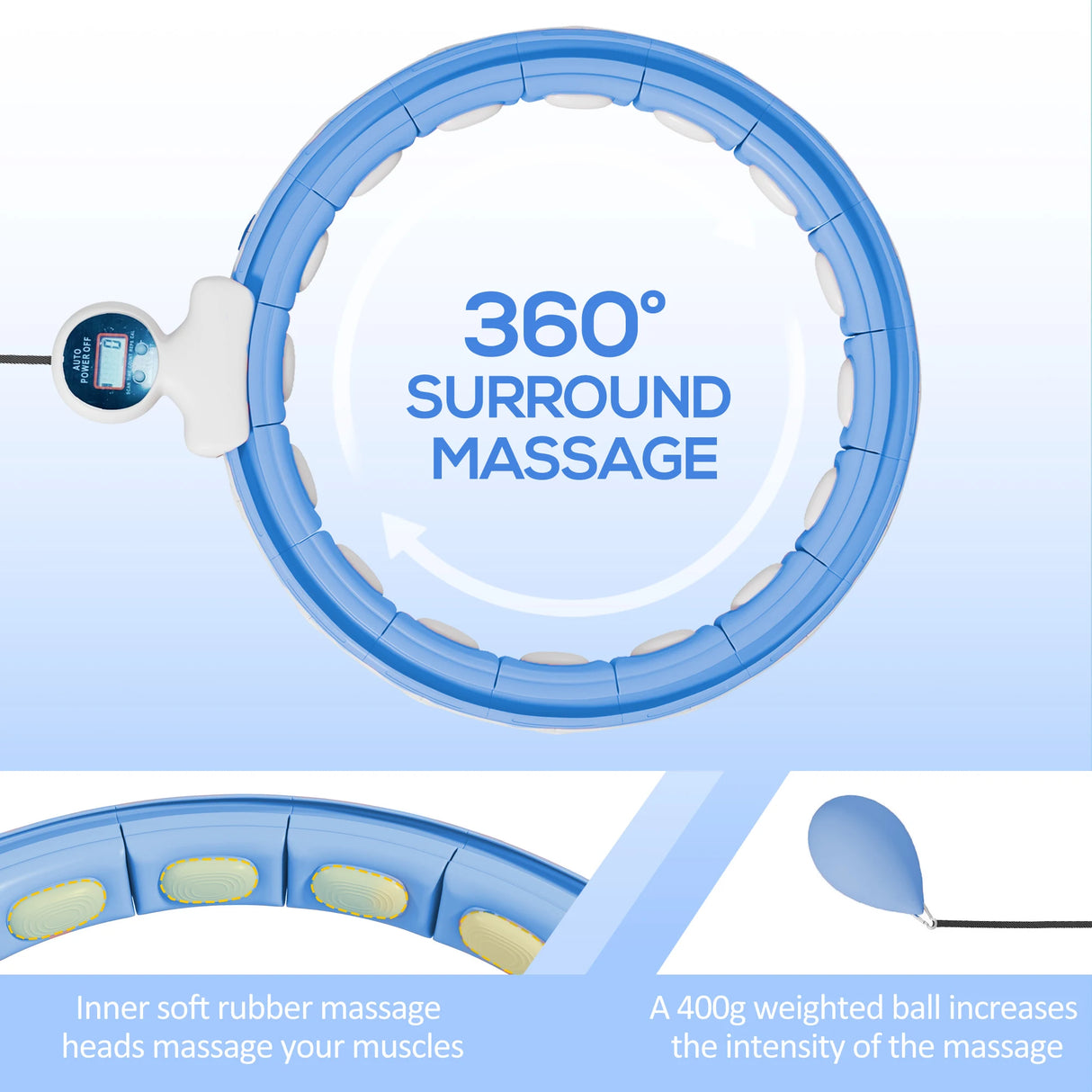 SPORTNOW Smart Weighted Hula Hoop, Massage Hula Ring w/ 16 Detachable Knots, 360 Auto-Rotating Ball, Digital Counter Light Blue