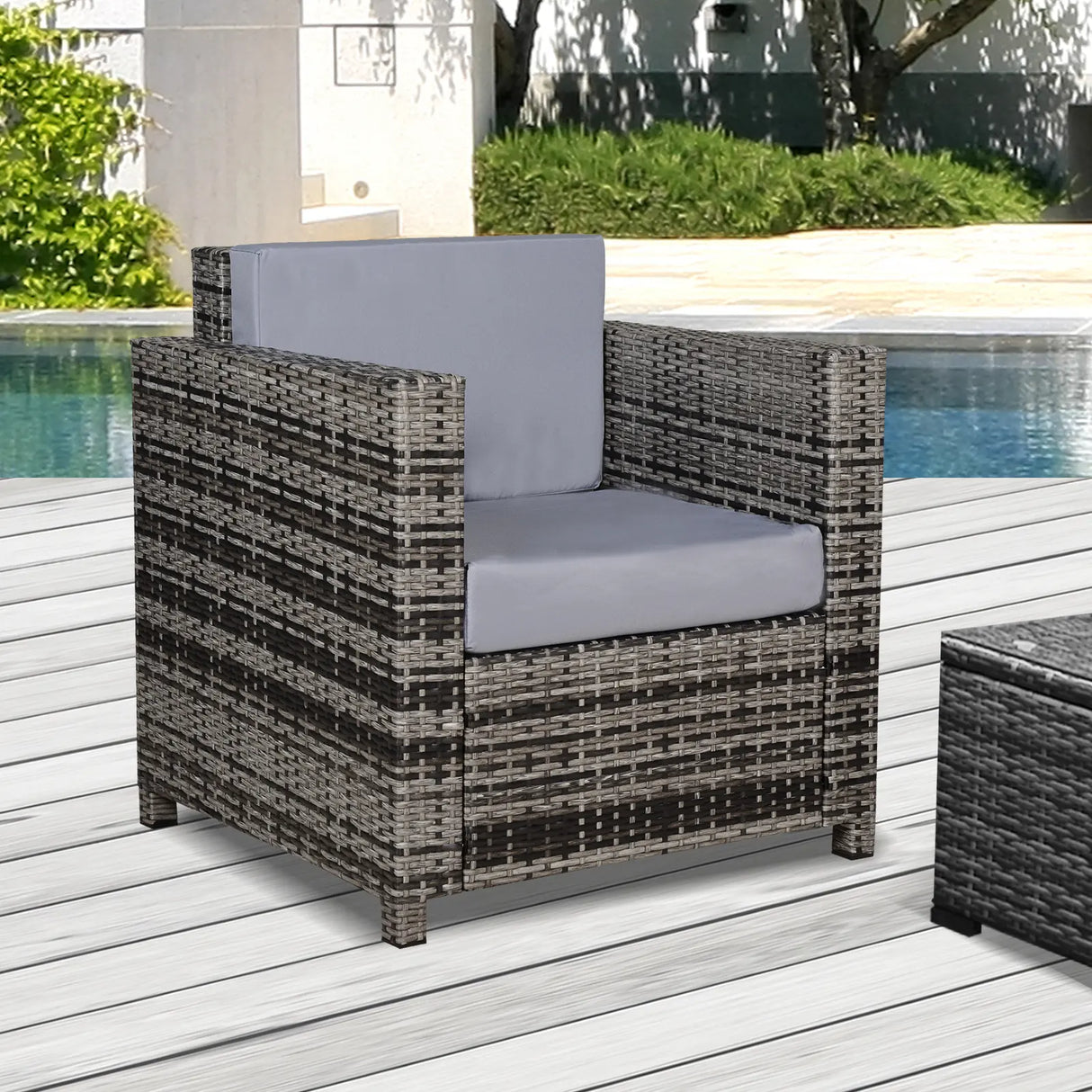 Outsunny Rattan Garden Armchair 10cm Cushion Outdoor Single Chair with Steel Frame, Grey