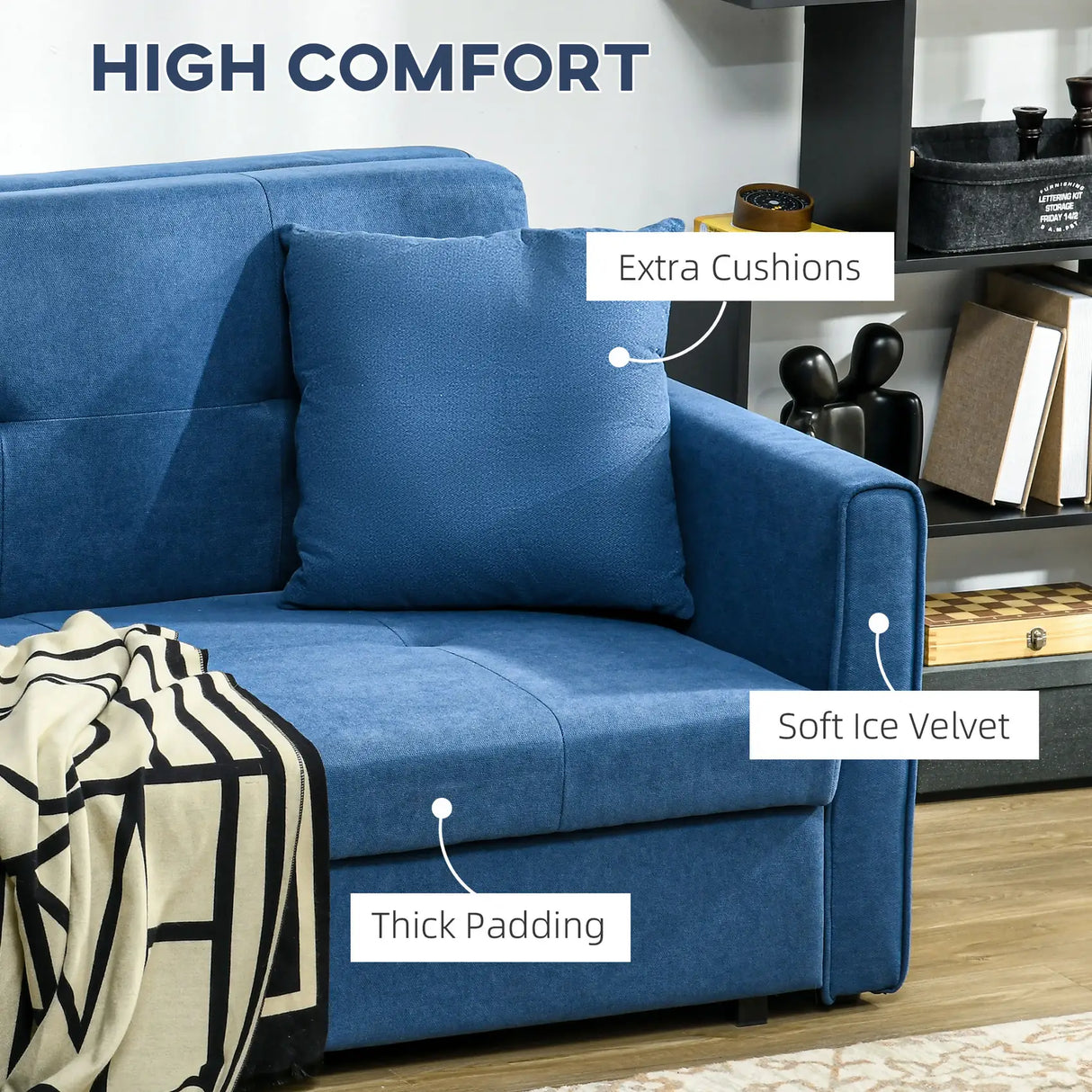 HOMCOM 2 Seater Sofa Bed, Convertible Bed Settee, Modern Velvet Loveseat Sofa Couch with 2 Cushions, Hidden Storage for Living Room, Guest Room, Deep Blue