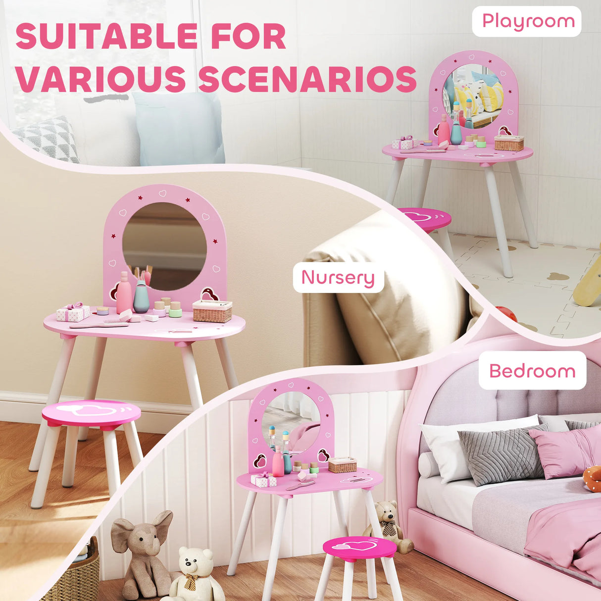 AIYAPLAY Kids Dressing Table with Mirror and Stool, Girls Vanity Set for Kids Room, Bedroom, Nursery, for Ages 36 Years, Pink