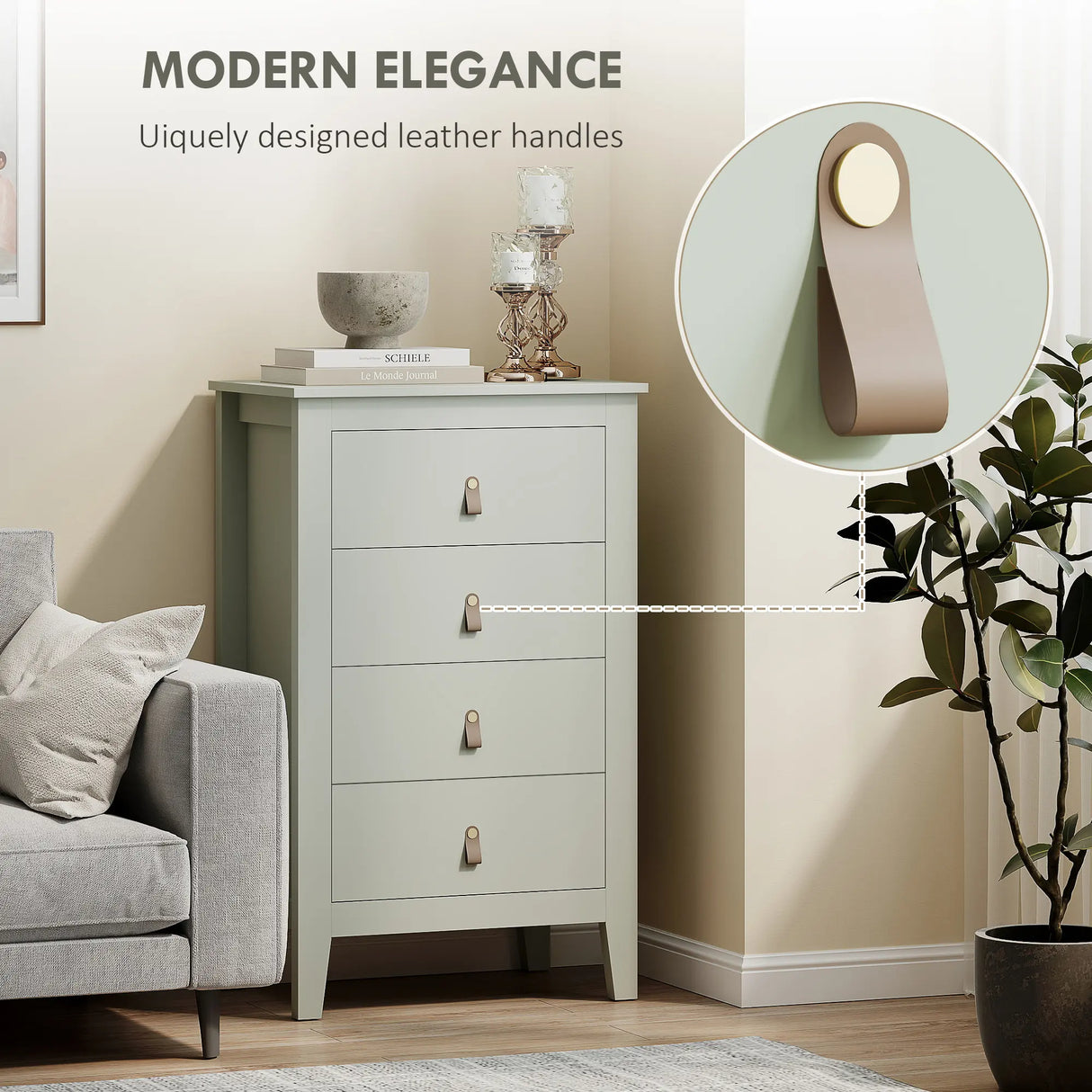 HOMCOM Bedroom Chest of Drawers, Modern 4 Drawer Dresser Cabinet with PU Leather Handles and Metal Runners for Living Room, Hallway, Entryway, Green