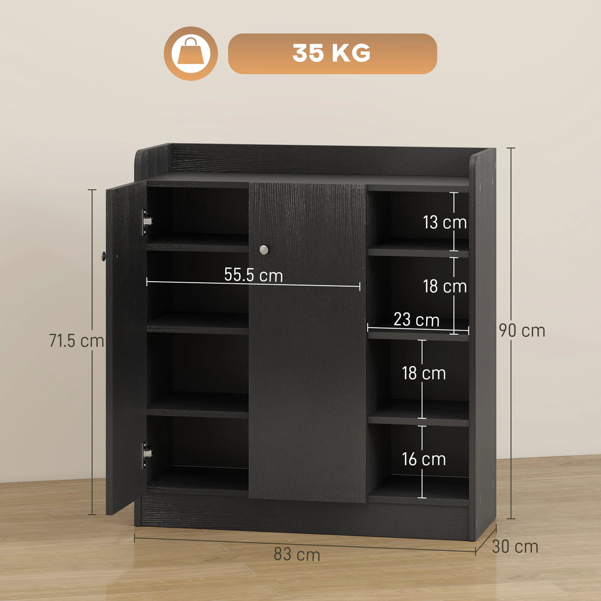 HOMCOM Shoe Storage Cabinet with Adjustable Shelves - Black