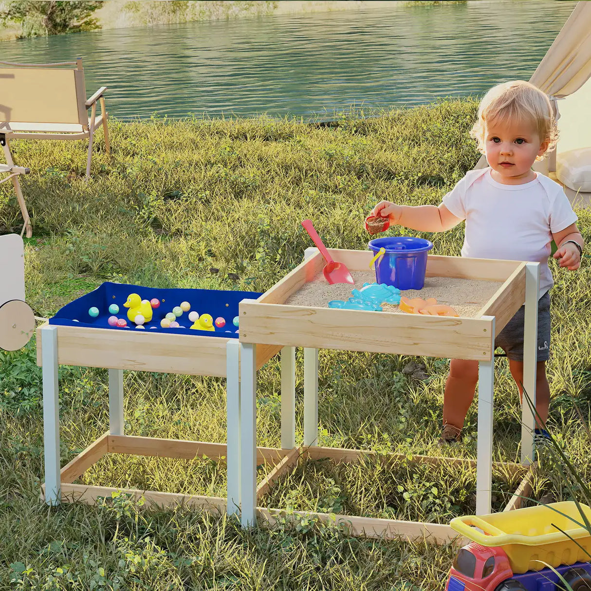 AIYAPLAY 2 PCS Wooden Outdoor Sand and Water Play Tables with Bottom Liner for Kids Aged 3-8 Years Old, Natural Wood Finish