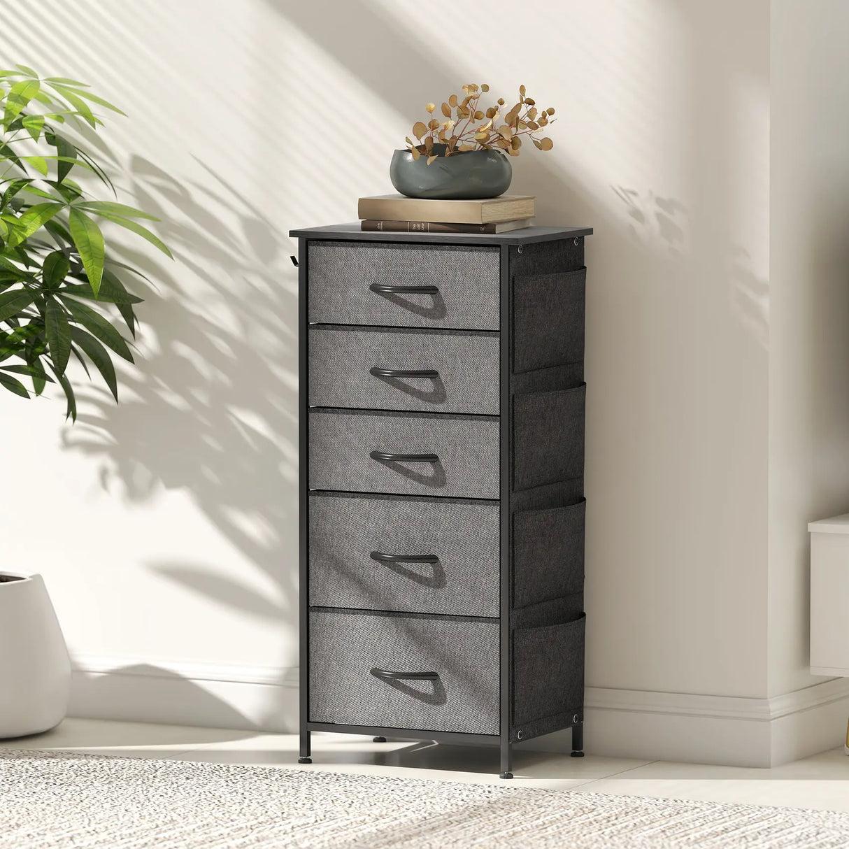 HOMCOM Chest of Five Fabric Drawers - Charcoal Grey