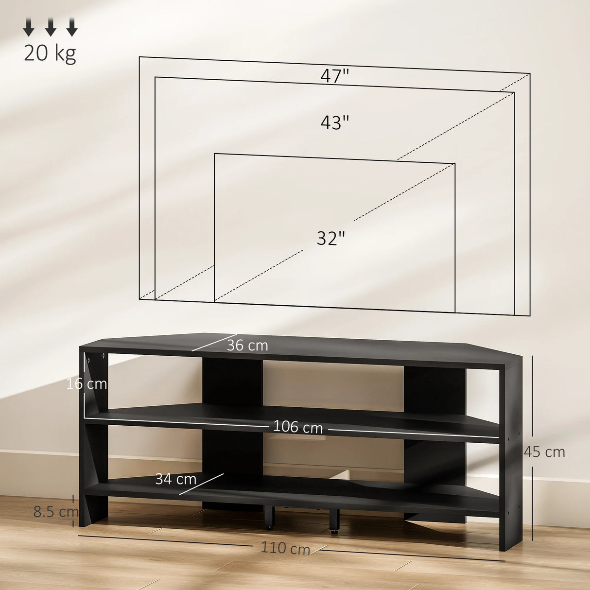 HOMCOM Corner TV Stand with 2 Open Shelves for 47 Inch TV - Black